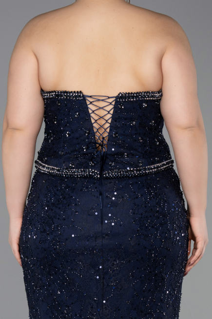Long Navy Blue Dantelle Plus Size Evening Gown ABU5994