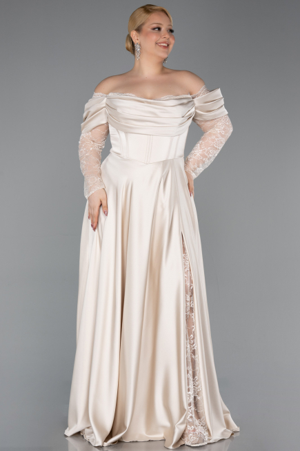 Beige Long Satin Formal Plus Size Dress ABU5261