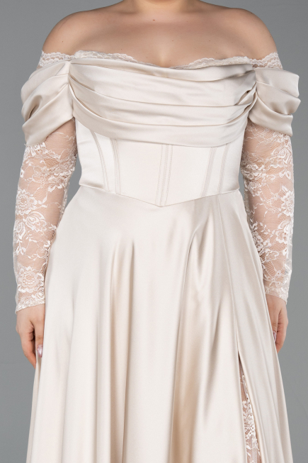 Beige Long Satin Formal Plus Size Dress ABU5261