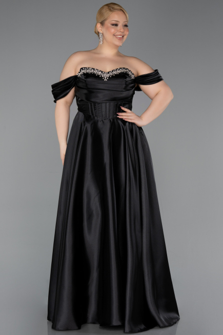 Long Black Satin Plus Size Evening Gown ABU5726