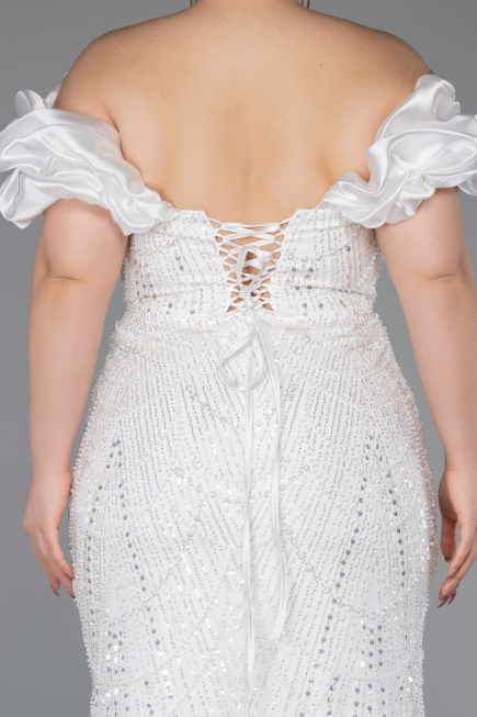 Long White Beaded Formal Plus Size Dress ABU5948