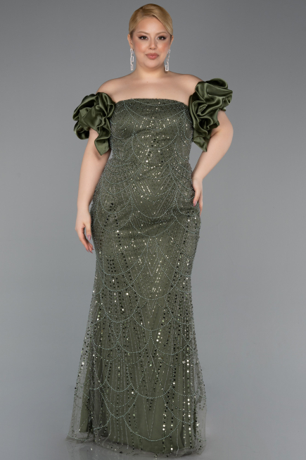 Long Olive Drab Beaded Formal Plus Size Dress ABU5948