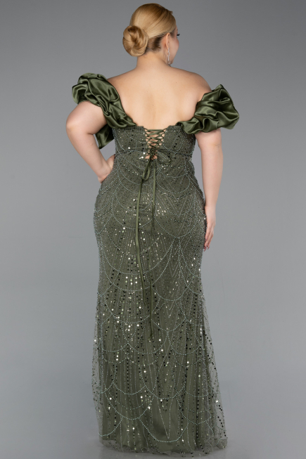 Long Olive Drab Beaded Formal Plus Size Dress ABU5948