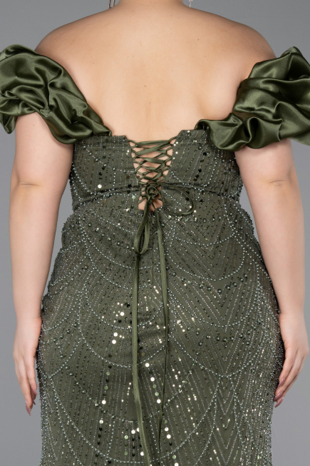 Long Olive Drab Beaded Formal Plus Size Dress ABU5948