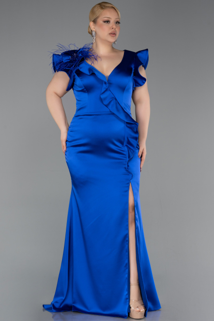 Sax Blue Long Satin Plus Size Evening Dress ABU5877