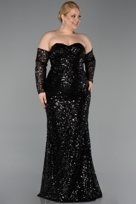 Long Black Scaly Plus Size Evening Gown ABU5928