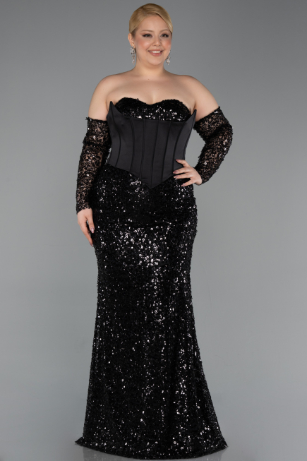 Long Black Scaly Plus Size Evening Gown ABU5928