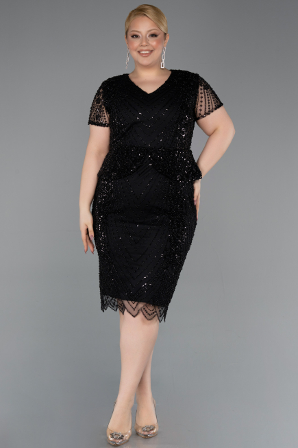 Short Black Beaded Plus Size Cocktail Dress ABK2584