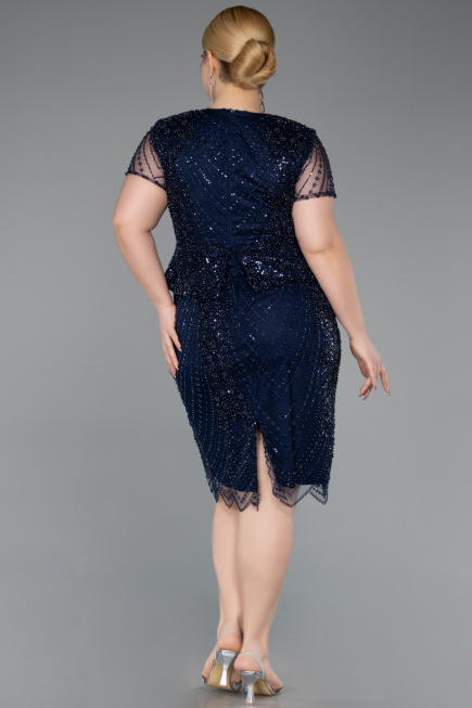Short Navy Blue Beaded Plus Size Cocktail Dress ABK2584