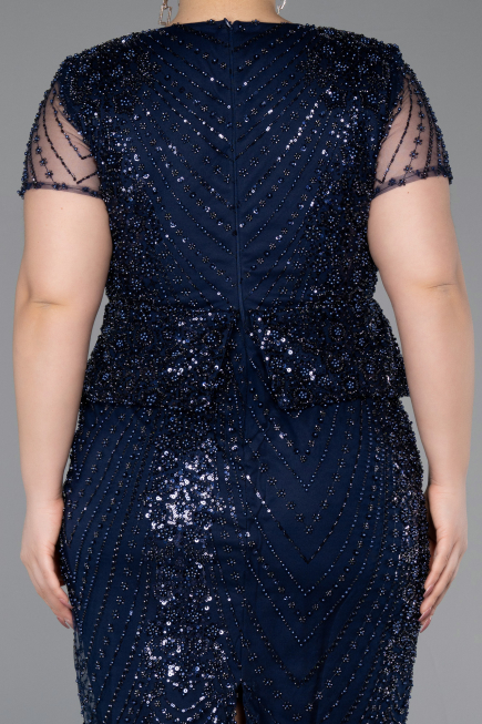 Short Navy Blue Beaded Plus Size Cocktail Dress ABK2584