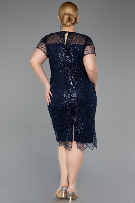 Short Navy Blue Beaded Plus Size Cocktail Dress ABK2585