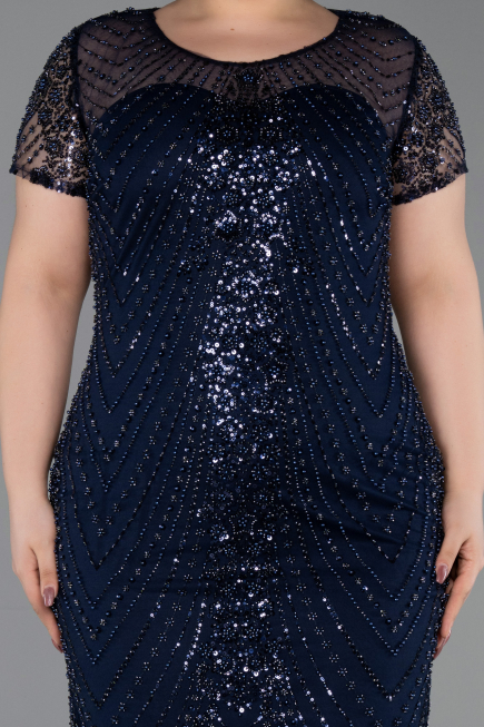 Short Navy Blue Beaded Plus Size Cocktail Dress ABK2585