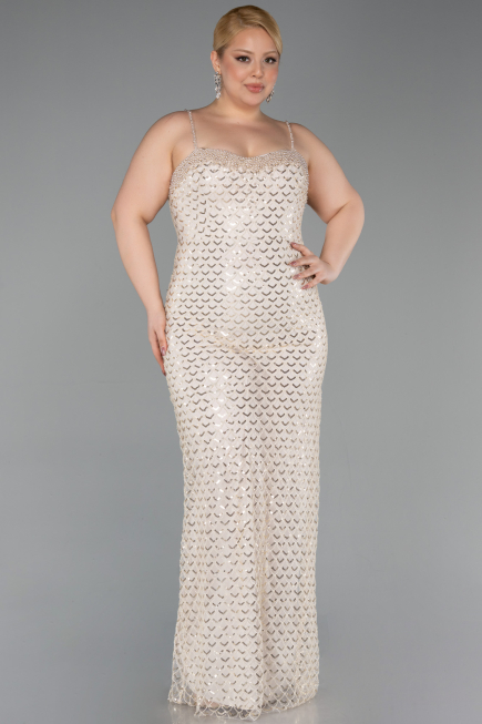Long Beige Scaly Formal Plus Size Dress ABU6021