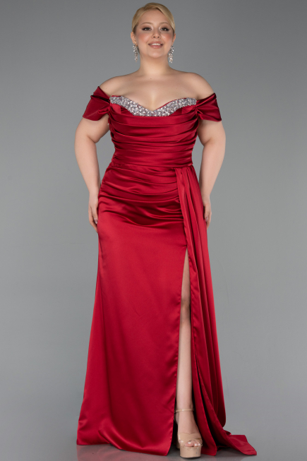Burgundy Long Satin Plus Size Engagement Dress ABU3655