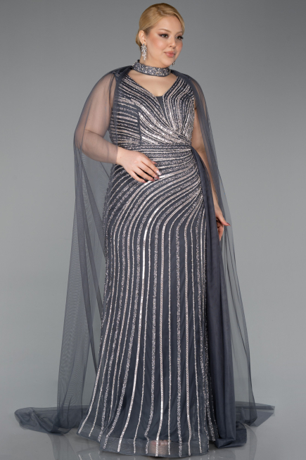 Long Anthracite Stony Plus Size Evening Dress ABU6024