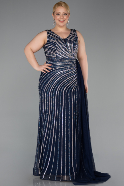 Long Navy Blue Stony Plus Size Evening Dress ABU6024
