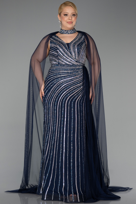 Long Navy Blue Stony Plus Size Evening Dress ABU6024