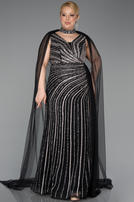 Long Black Stony Plus Size Evening Dress ABU6024