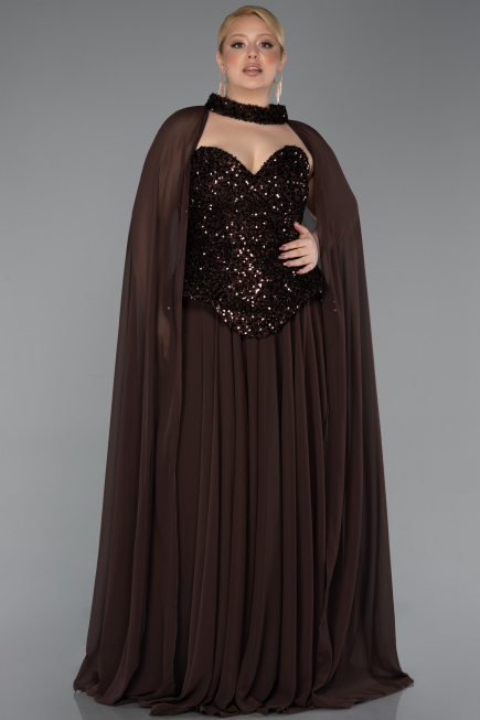 Long Brown Chiffon Plus Size Evening Gown ABU5940