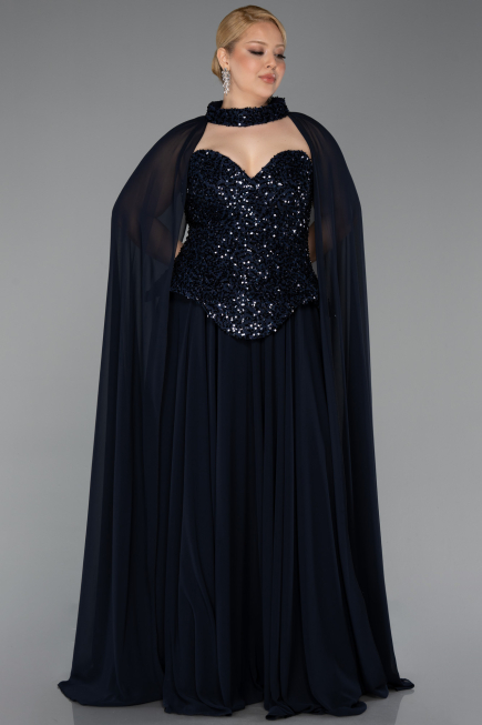 Long Navy Blue Chiffon Plus Size Evening Gown ABU5940