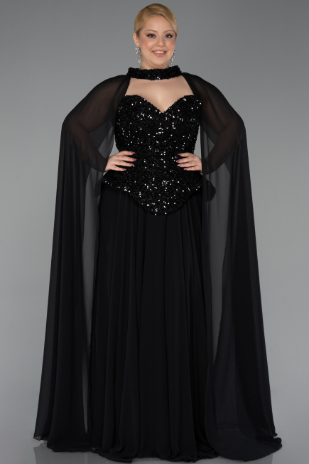 Long Black Chiffon Plus Size Evening Gown ABU5940
