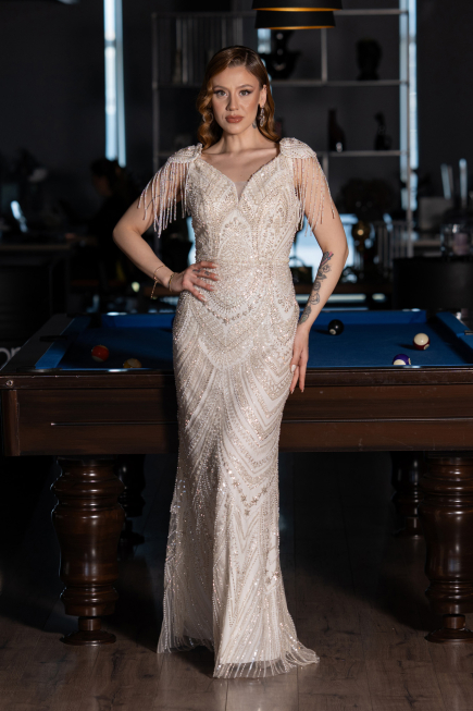 Long Beige Beaded Evening Dress ABU5959