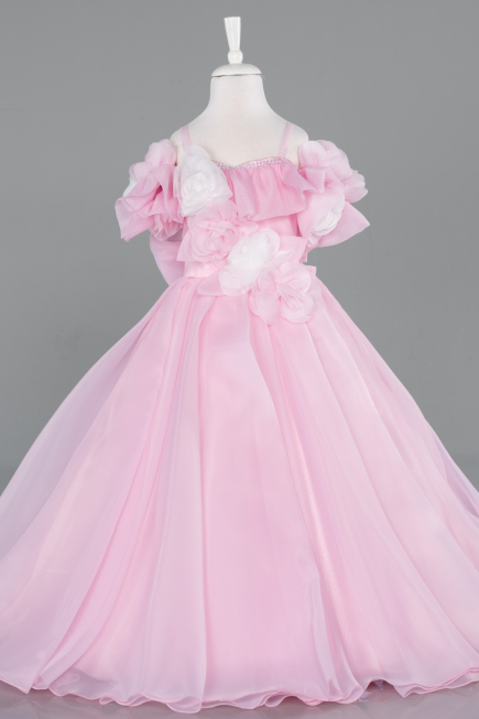 Long Powder Color Satin Kid Wedding Dress ABG182