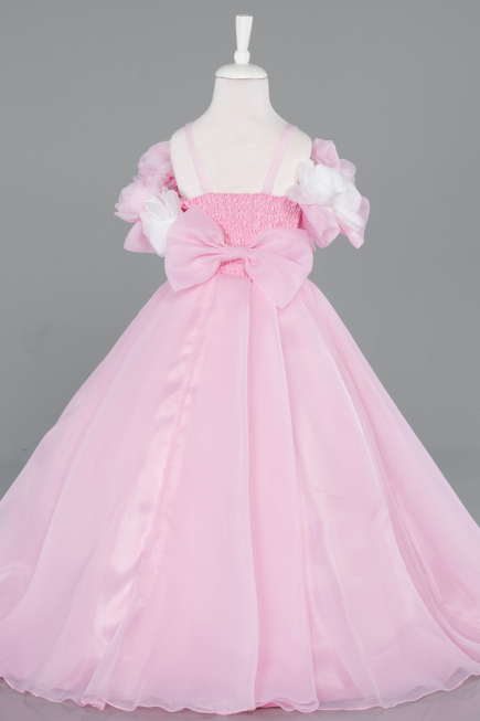 Long Powder Color Satin Kid Wedding Dress ABG182