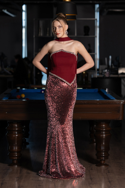 Burgundy Long Scaly Mermaid Evening Gown ABU5703