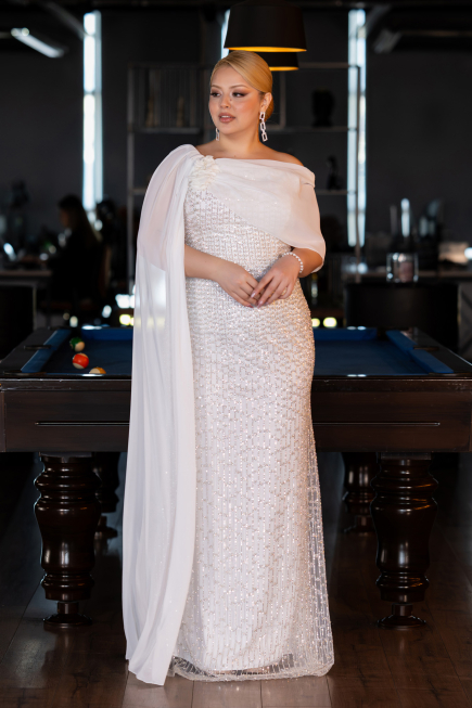 Long White Beaded Plus Size Evening Dress ABU5819