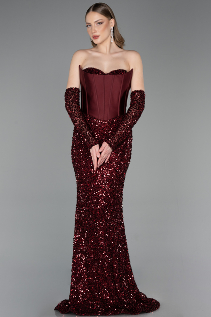 Long Burgundy Scaly Evening Dress ABU6041