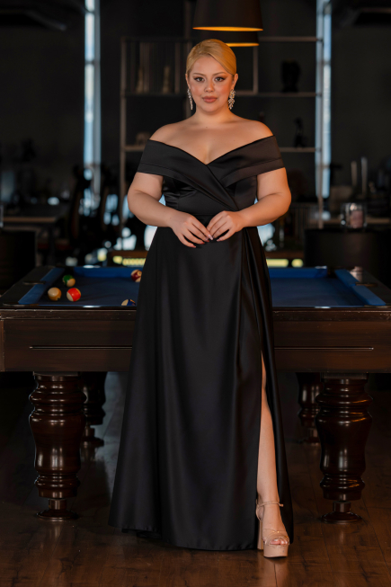 Long Black Satin Plus Size Evening Dress ABU2355