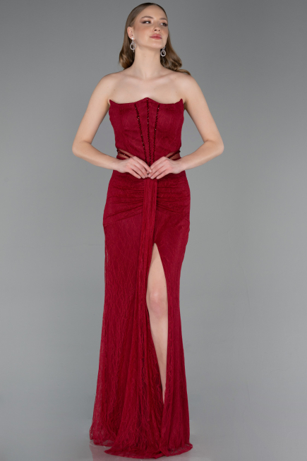 Burgundy Long Dantelle Evening Dress ABU5736