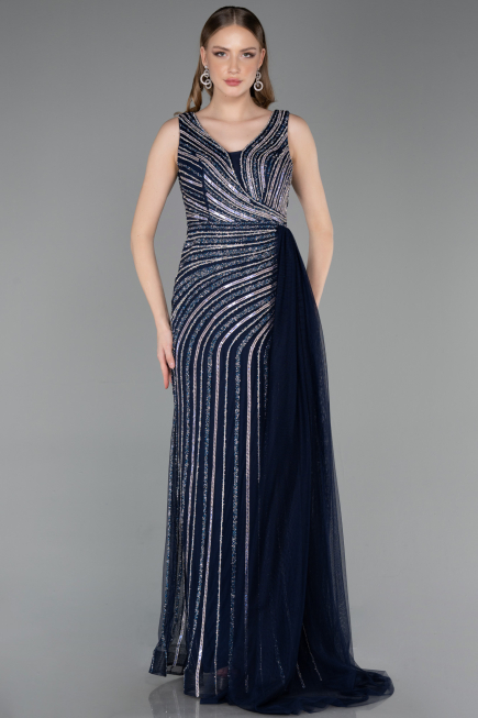 Long Navy Blue Stony Evening Dress ABU6052