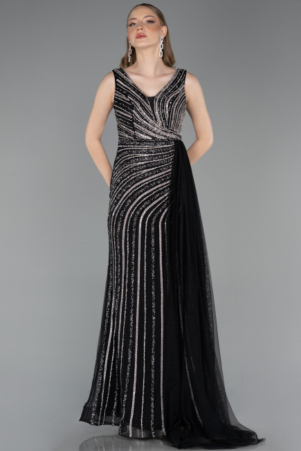 Long Black Stony Evening Dress ABU6052