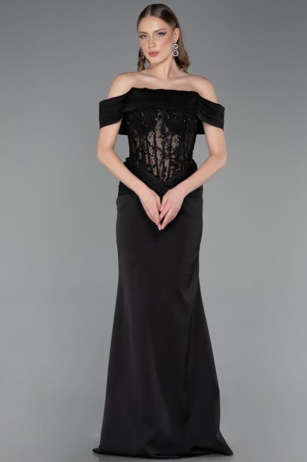 Long Black Satin Evening Dress ABU6054