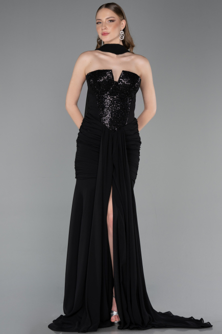 Long Black Chiffon Evening Dress ABU6055