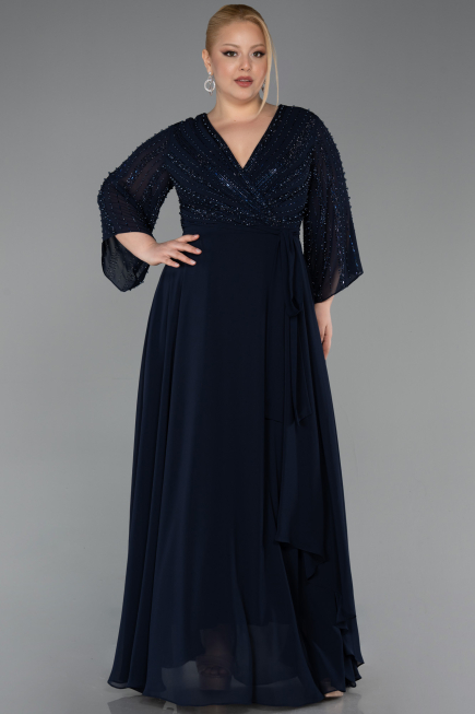 Long Navy Blue Chiffon Plus Size Evening Dress ABU6067