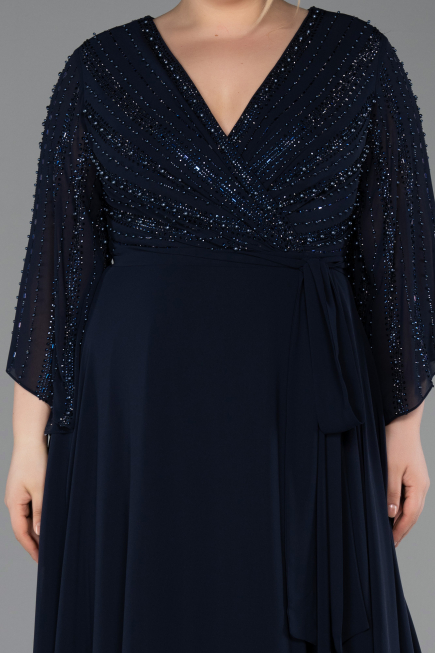 Long Navy Blue Chiffon Plus Size Evening Dress ABU6067