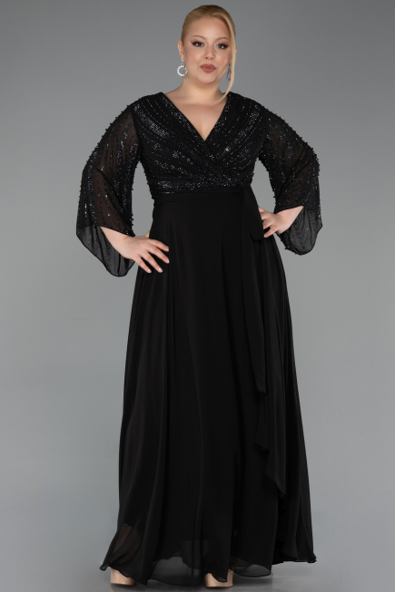 Long Black Chiffon Plus Size Evening Dress ABU6067