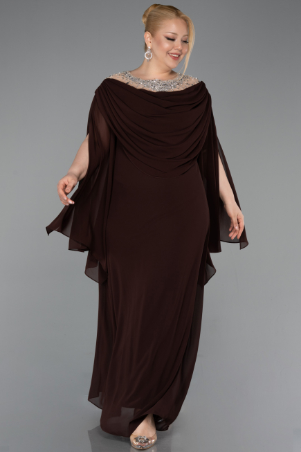 Long Brown Chiffon Plus Size Evening Gown ABU6068