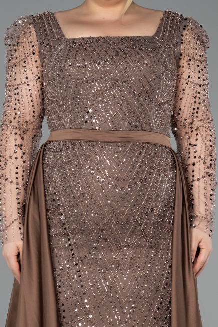 Brown Long Beaded Plus Size Engagement Dress ABU4761