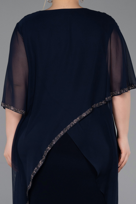 Midi Navy Blue Chiffon Plus Size Cocktail Dress ABK2600