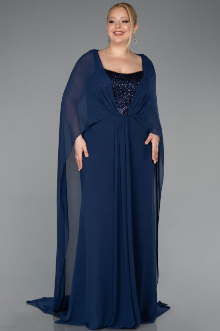 Long Navy Blue Chiffon Plus Size Evening Dress ABU6071
