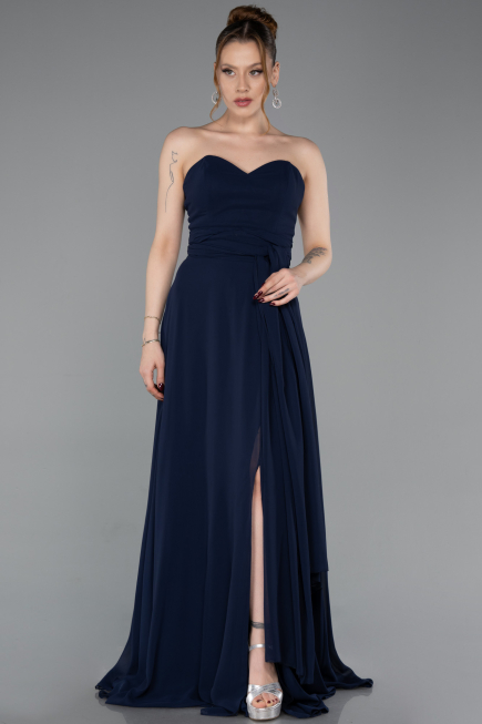 Long Navy Blue Chiffon Prom Gown ABU4965