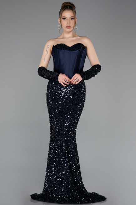 Long Navy Blue Scaly Evening Dress ABU6041