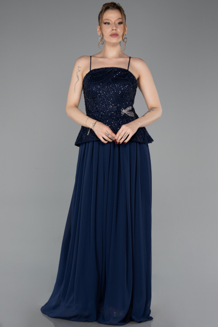 Long Navy Blue Chiffon Evening Dress ABU6076