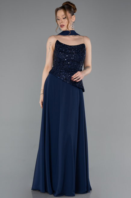 Long Navy Blue Chiffon Evening Dress ABU6081