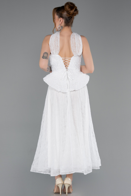 Midi White Dantelle Party Dress ABK2613