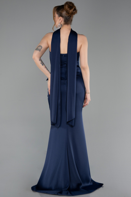 Long Navy Blue Satin Mermaid Evening Gown ABU6086